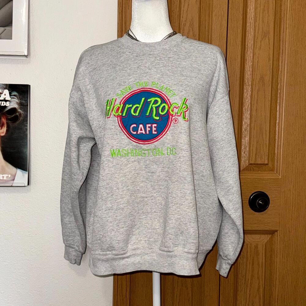 Vintage Hard Rock Cafe Sweatshirt Mens Gray Save The‎ Planet Embroidered Logo